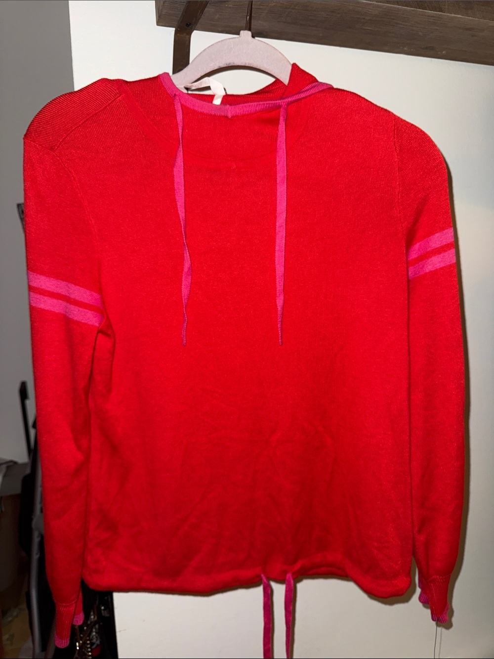 Women's Red Hoodie Sweater with Pink Stripe Details